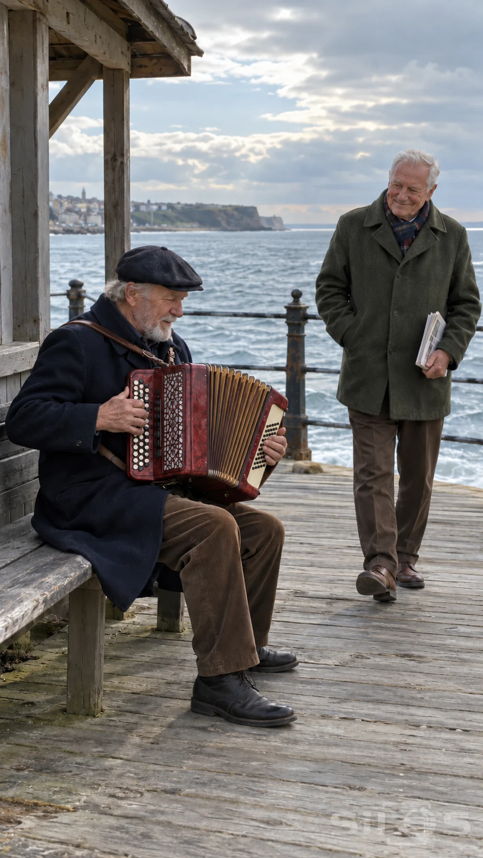 An older man plays accordion music beneath a timber pier shelter while a white-haired listener holds a newspaper beside the sea.