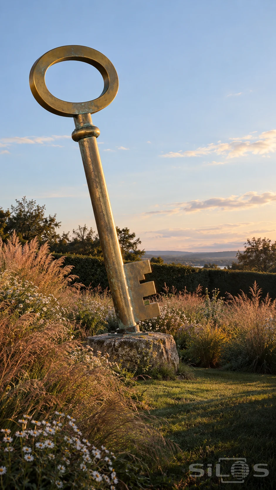 A giant brass key with an oval bow and stepped bit is fixed to a stone footing among copper grasses and small white flowers.