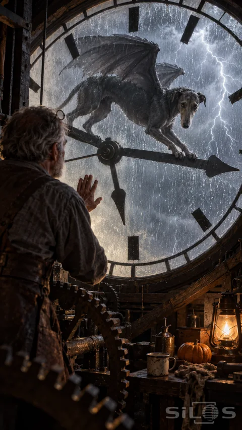 A clock keeper watches a grey winged hound crouching outside on the minute hand through a rain-covered glowing clock dial.