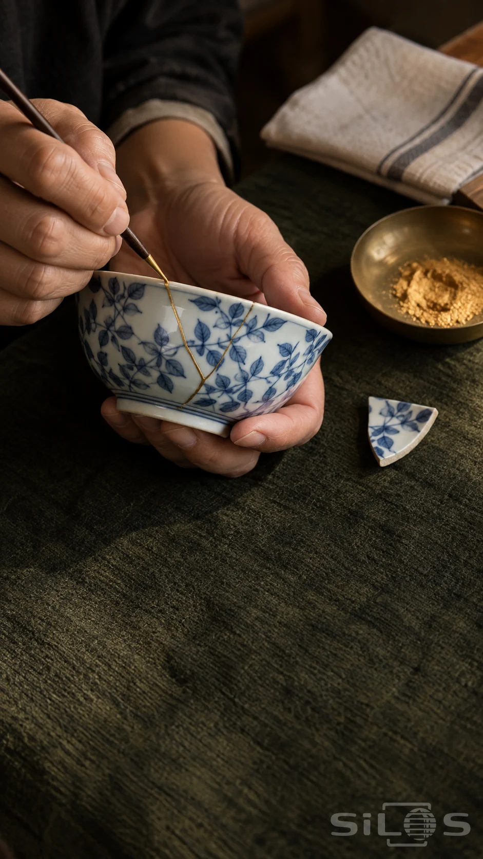 Adult hands finish a blue porcelain repair by brushing a thin gold line along a bowl seam above a dark green mat.