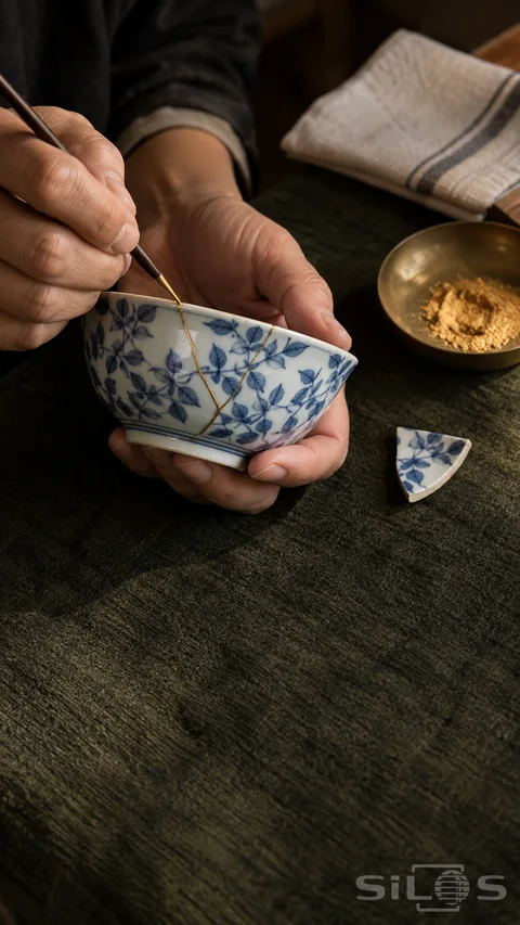 Adult hands finish a blue porcelain repair by brushing a thin gold line along a bowl seam above a dark green mat.
