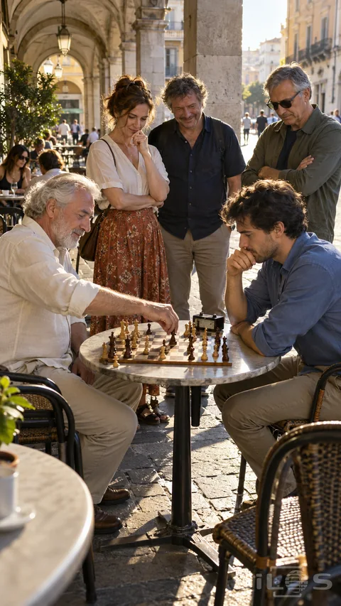 Two men play street chess at a round table as three onlookers follow the move beneath a sunlit stone arcade.