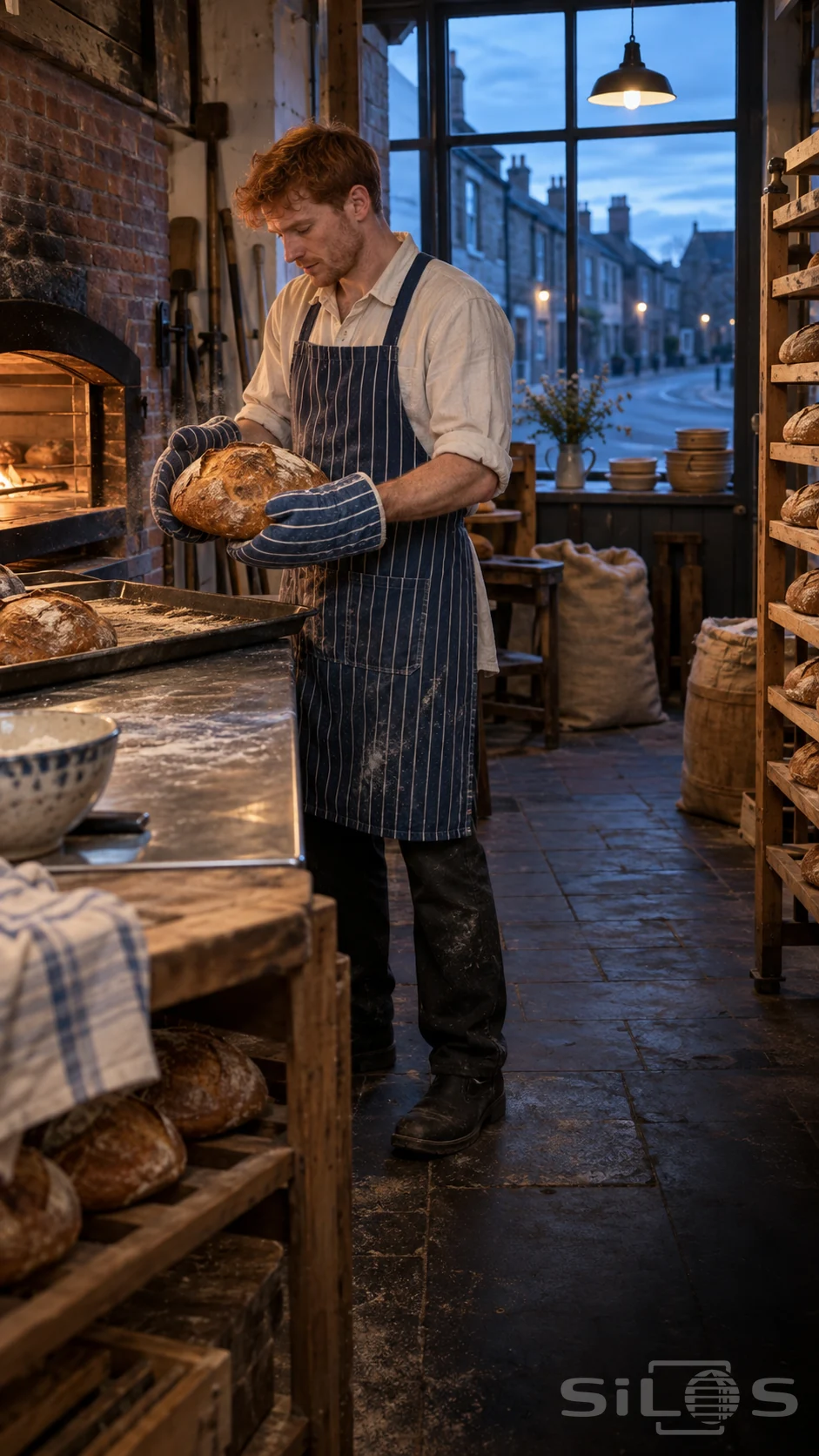 A baker lifts a round loaf with striped oven mitts beside a brick oven, wearing a blue-and-white apron before dawn.
