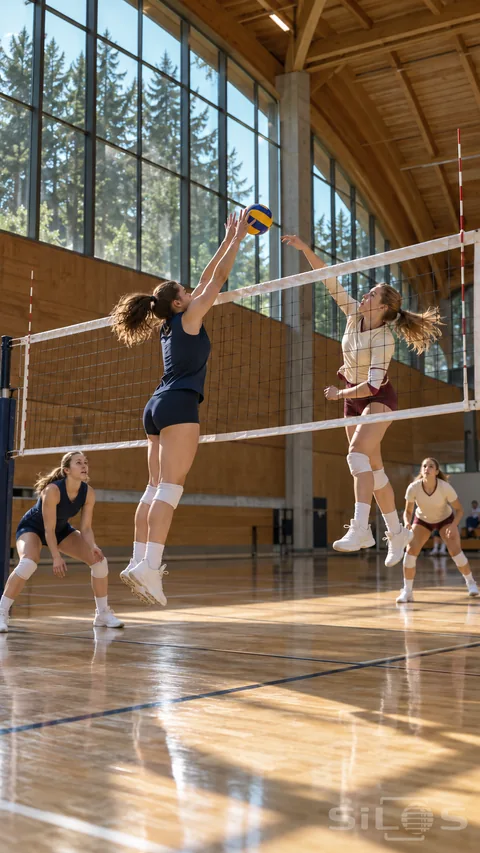 A volleyball block meets a blue-and-yellow ball above the net as opposing adult players jump in a sunlit timber gym.