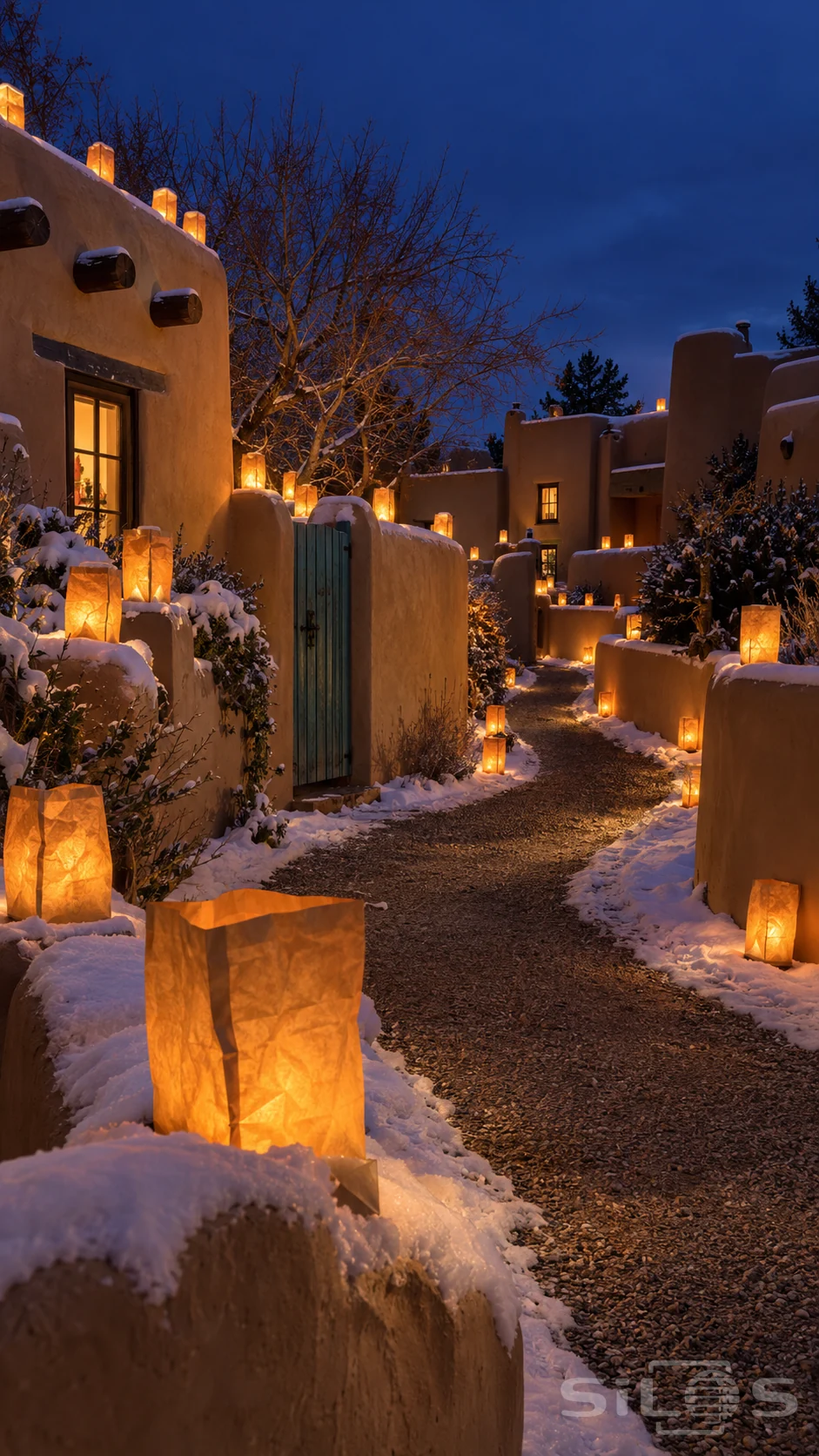 Adobe luminarias light a winding snowy lane between rounded houses with a turquoise gate and warm windows.