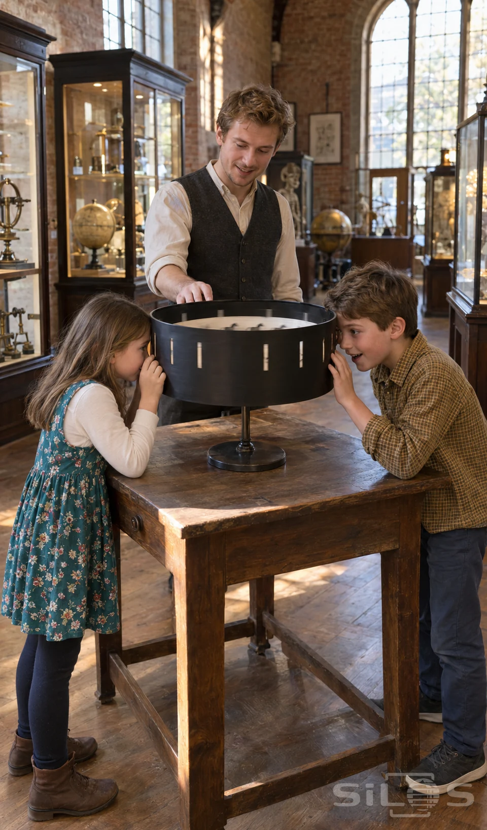 Two fully dressed children lean toward the slits of a black zoetrope while a young demonstrator touches its rim in a brick science gallery.