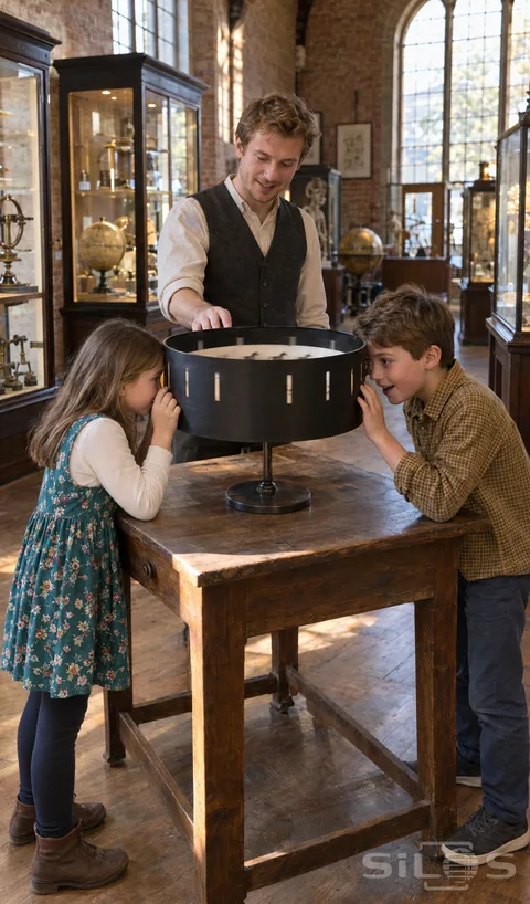 Two fully dressed children lean toward the slits of a black zoetrope while a young demonstrator touches its rim in a brick science gallery.