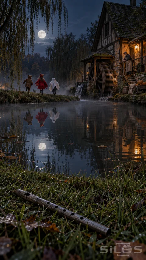 A tin whistle lies in wet grass beside a mill pond; with three running costume figures and their reflections below a moonlit watermill.