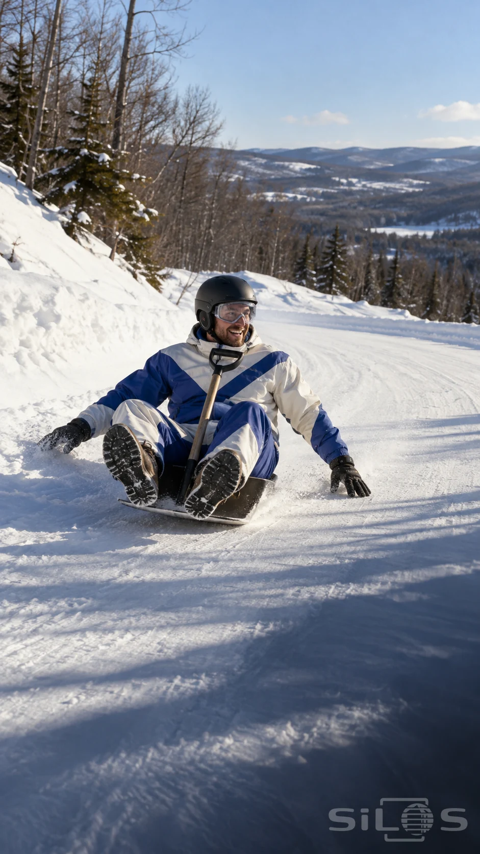 A snow shovel sled beneath a seated helmeted rider, with lifted boots and a small powder wake on a wide winter slope.