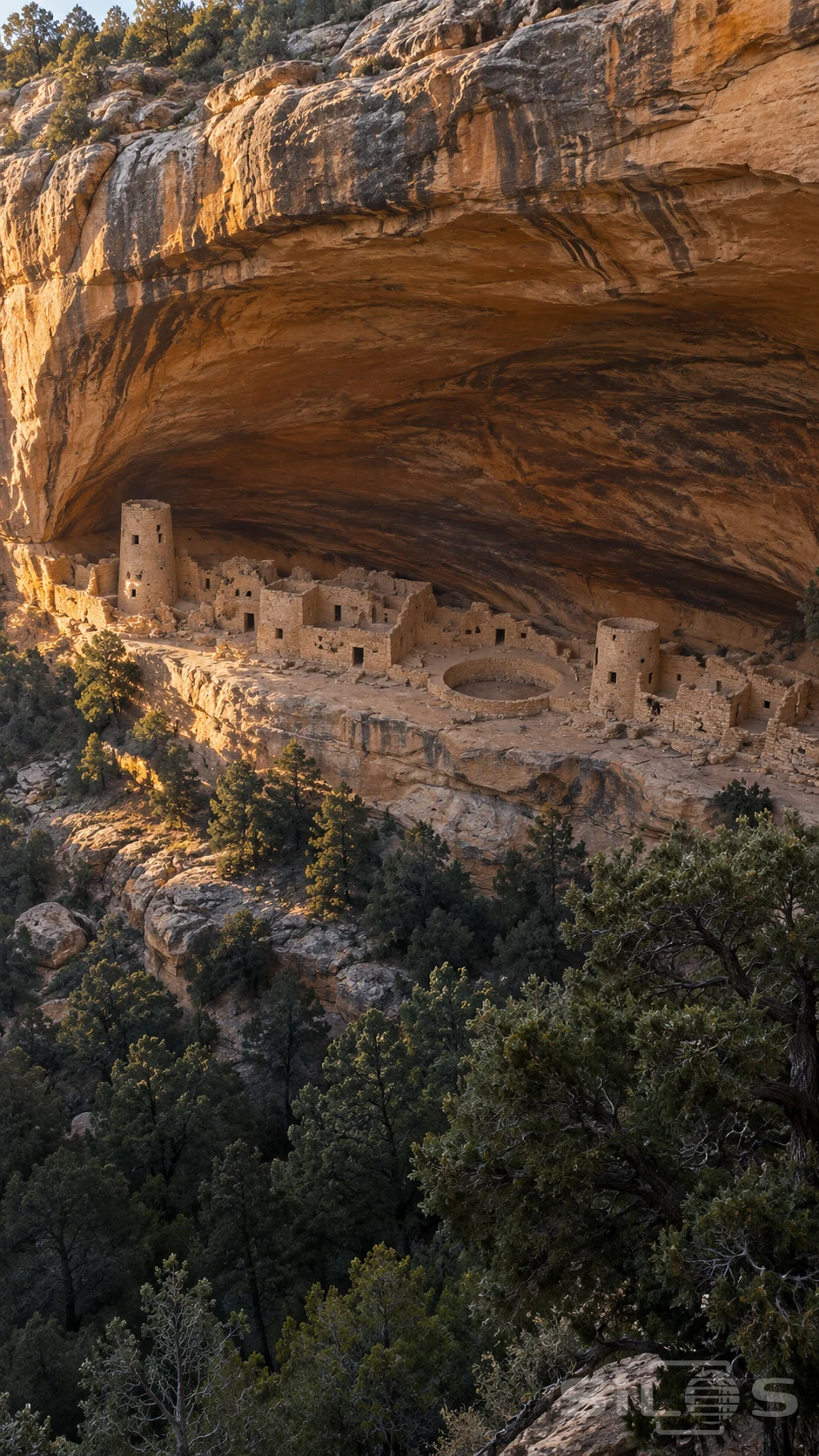 Cliff dwellings with round towers and a circular courtyard beneath a sweeping sandstone alcove above dark green trees.