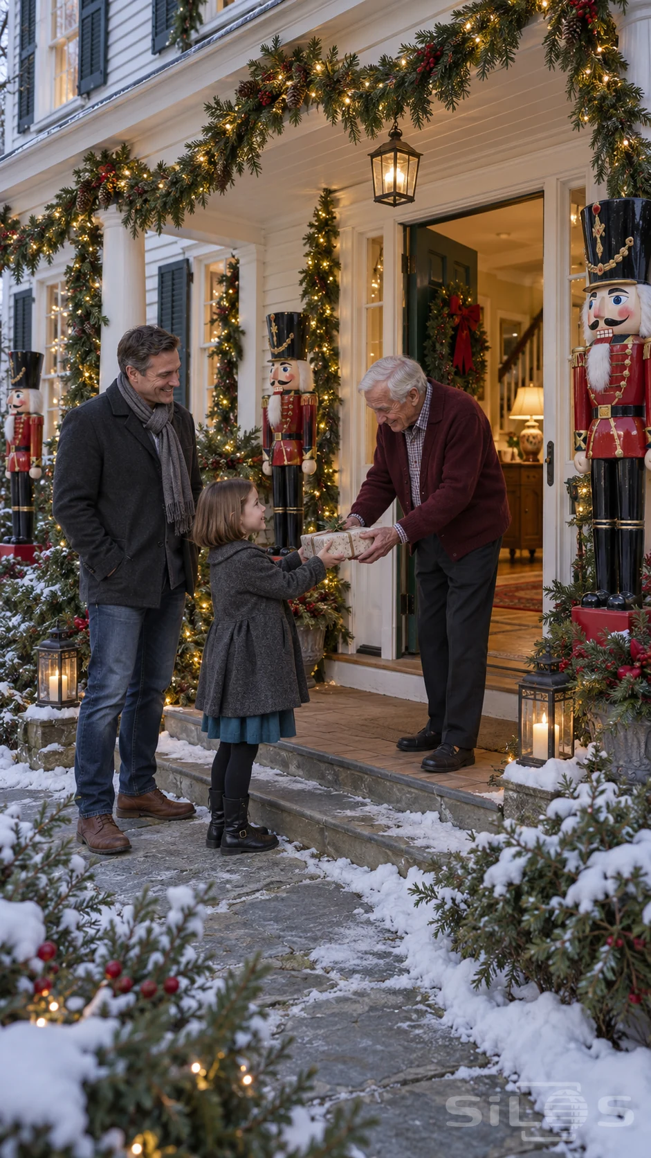 A girl offers a winter gift on a nutcracker porch while her father watches beside snowy steps and evergreen garlands.