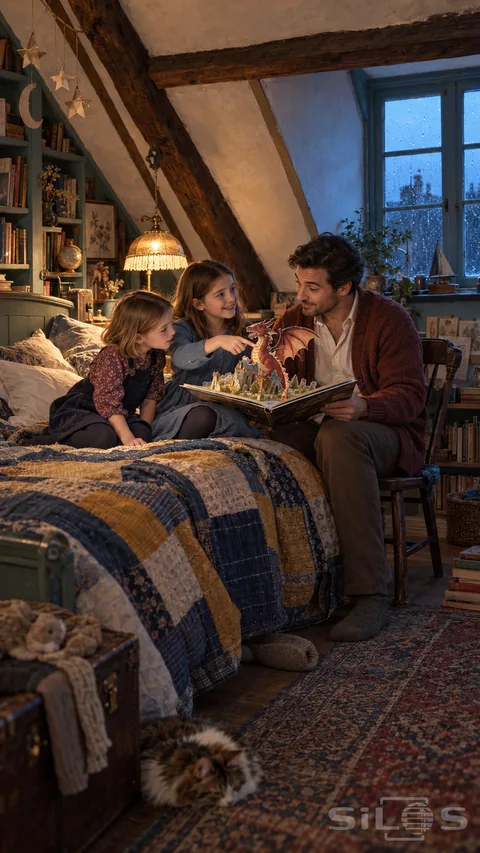 A father shares a bedtime story with two daughters sitting upright beside a pop-up dragon book in a warmly lit attic.
