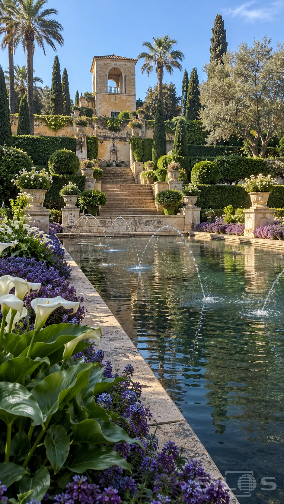 A long pool with arcing fountains is bordered by white calla lilies and violet flowers beneath stone stairs, clipped hedges and a lookout tower.