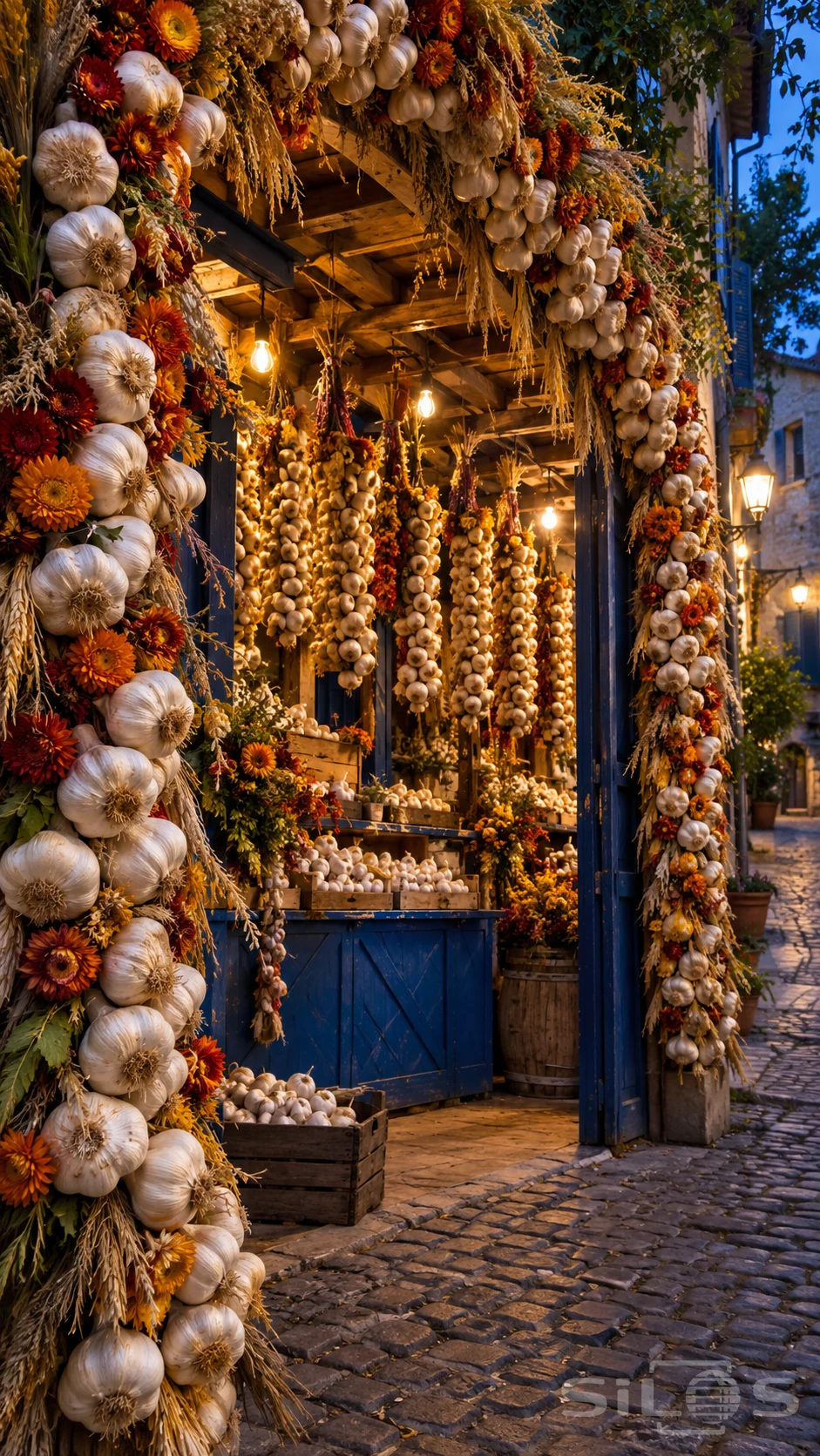 A garlic braid arch surrounds a cobalt market stall at dusk, with orange strawflowers, golden grain and hanging garlic braids.