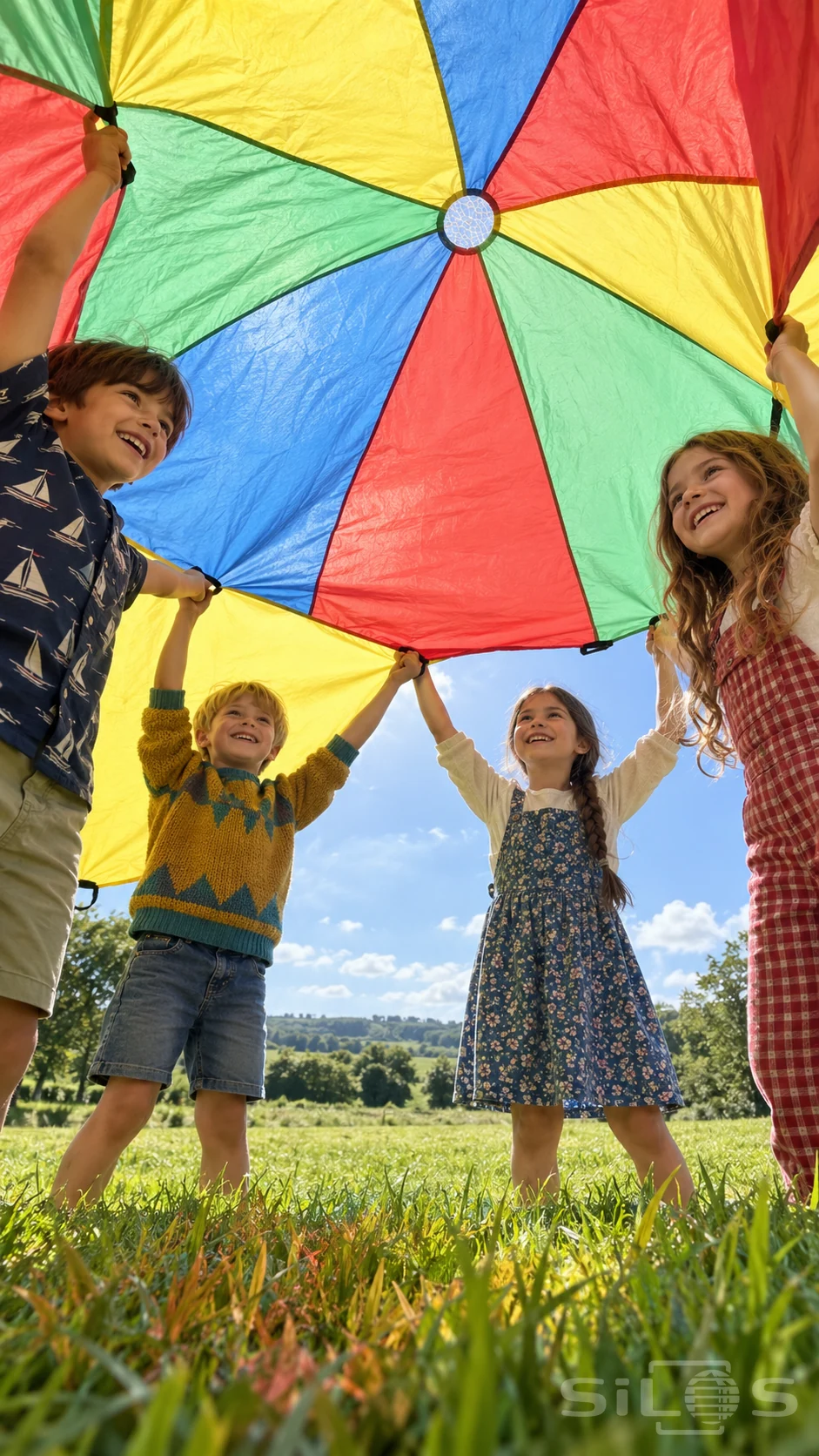 Four fully clothed children lift a red, yellow, blue and green play parachute into a bright rainbow canopy.