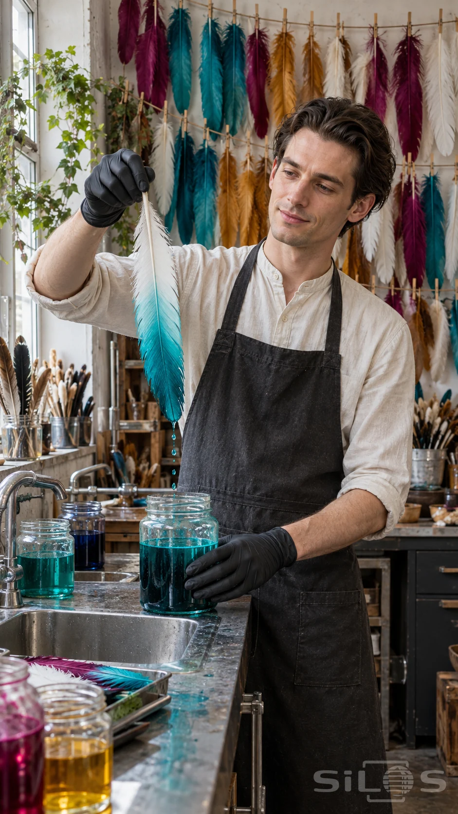 A milliner lifts a white feather with a turquoise tip above a jar during feather dyeing in his studio.