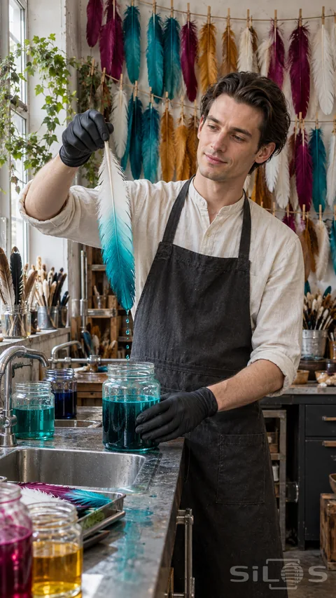 A milliner lifts a white feather with a turquoise tip above a jar during feather dyeing in his studio.