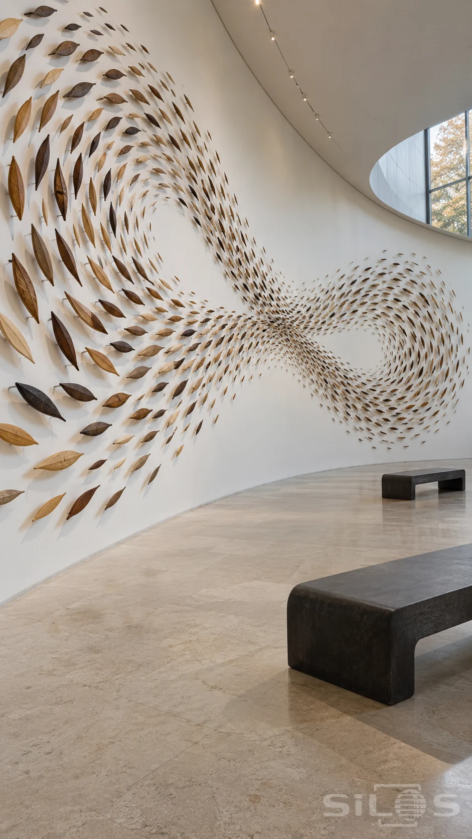 Small carved wooden forms create two connected swirls on a curved white gallery wall beside dark benches.