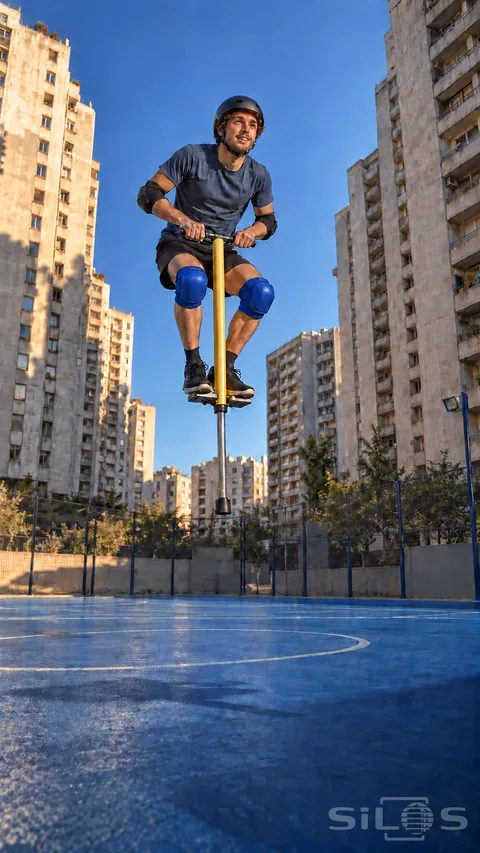 A helmeted adult in protective pads jumps on a yellow pogo stick above a blue outdoor court.
