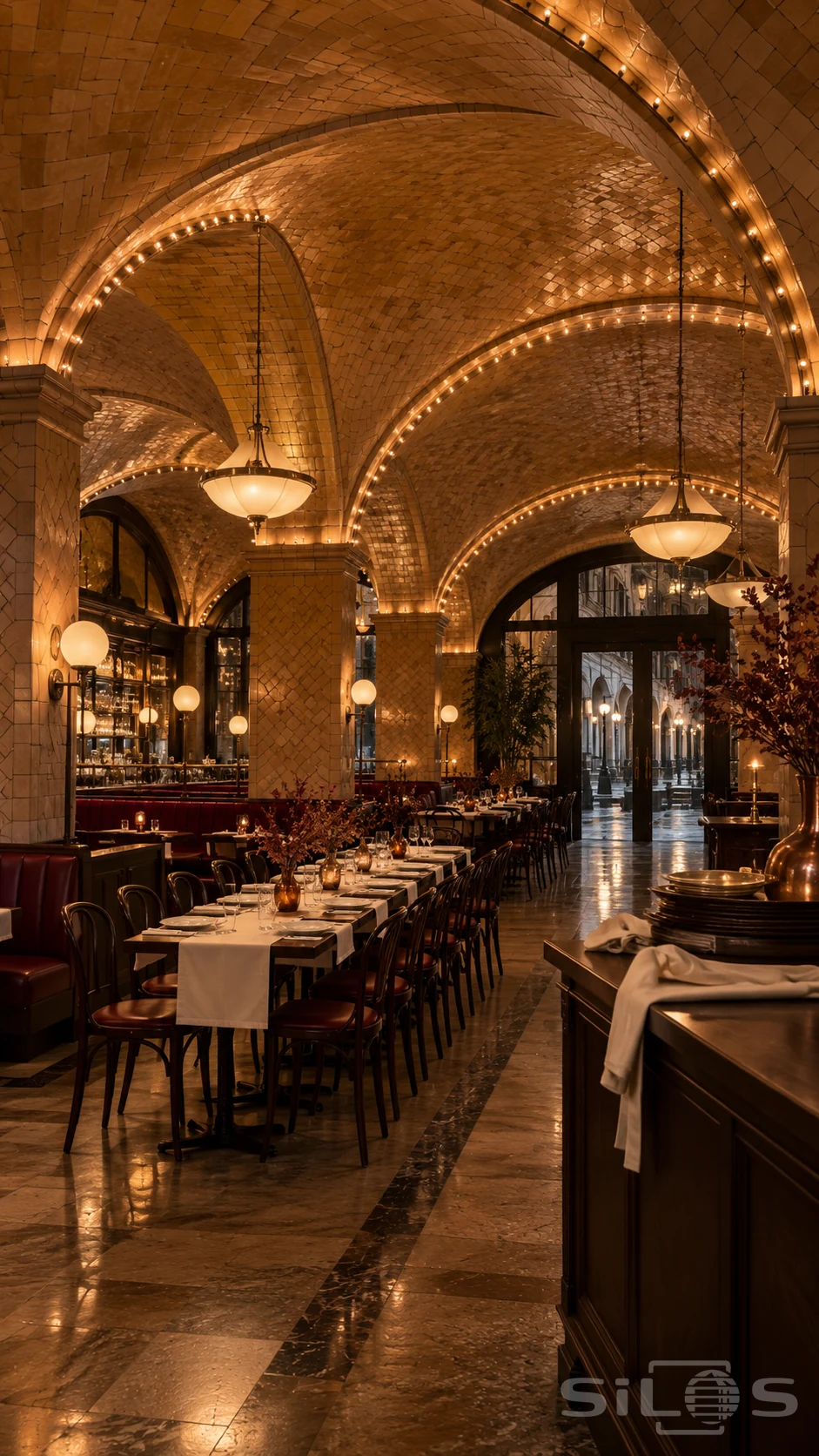 Amber vaulted hall with terracotta arches, burgundy booths, set dining tables and doors opening toward a wet arcade.