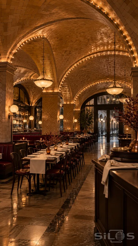Amber vaulted hall with terracotta arches; burgundy booths; set dining tables and doors opening toward a wet arcade.