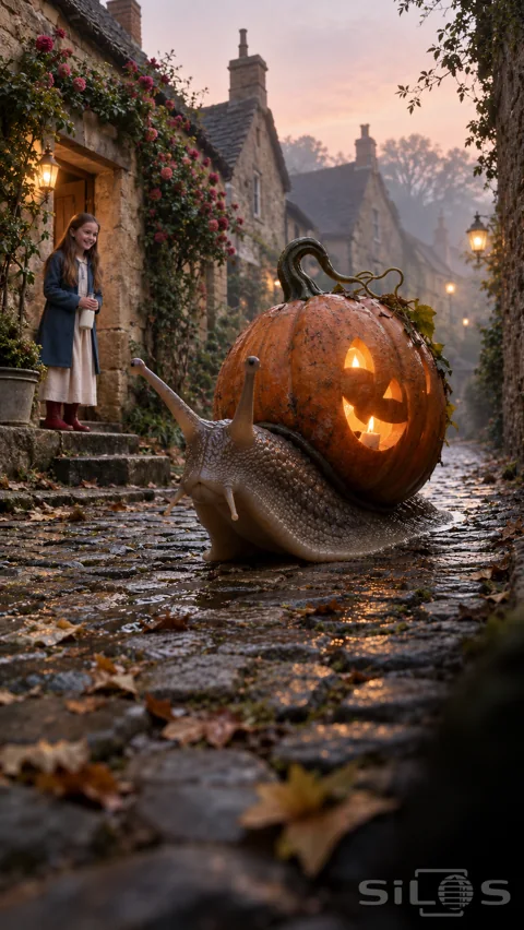 A giant snail carries a rough orange pumpkin lantern across wet cobbles as a girl holding a milk bottle watches from a cottage doorway.
