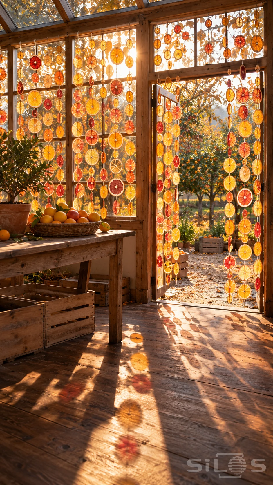 Citrus curtains of dried orange, lemon and grapefruit slices glow in a sunlit wooden packing room.