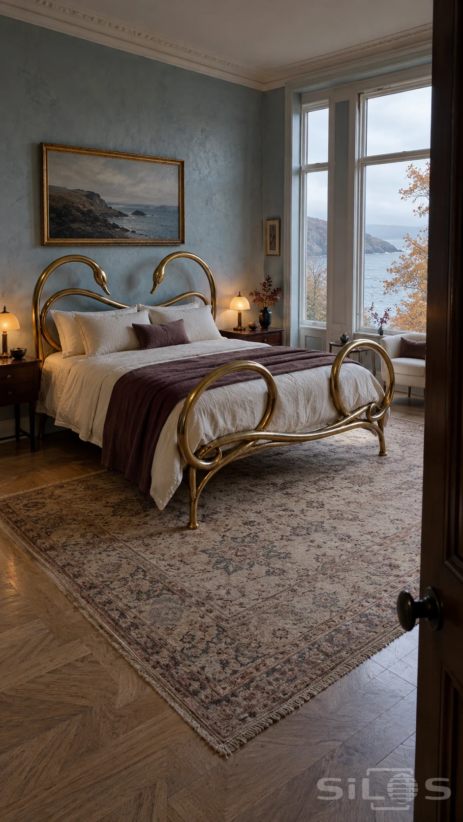 A brass bed with curved swan-neck headboard and looping footboard in a blue room beside tall coastal windows.