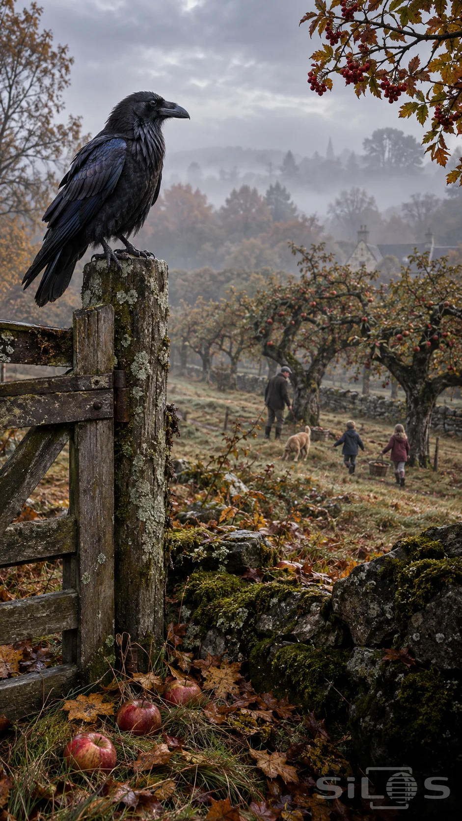 A black raven perches on a wooden orchard gate above fallen apples, copper leaves and a mossy stone wall.