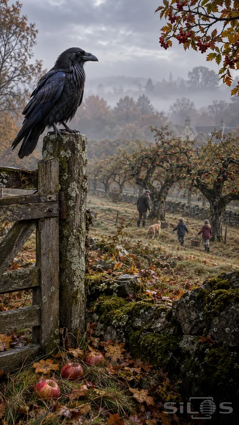 A black raven perches on a wooden orchard gate above fallen apples; copper leaves and a mossy stone wall.