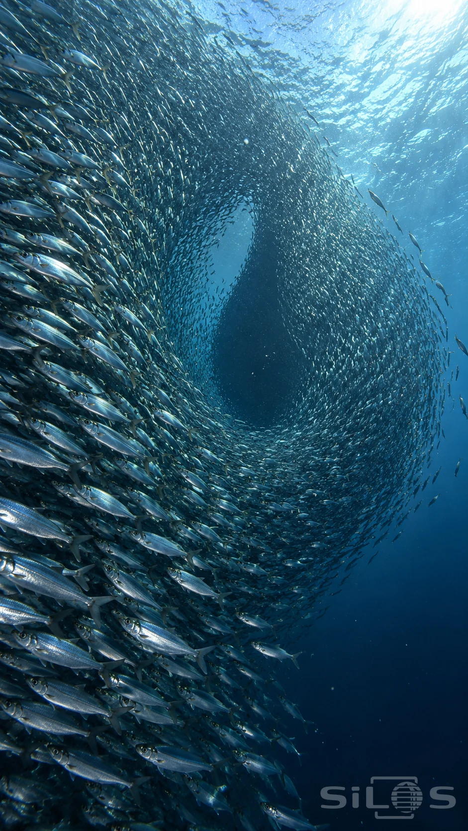 A sardine bait ball curves around a dark opening beneath a bright cyan surface, with silver fish along its edges.