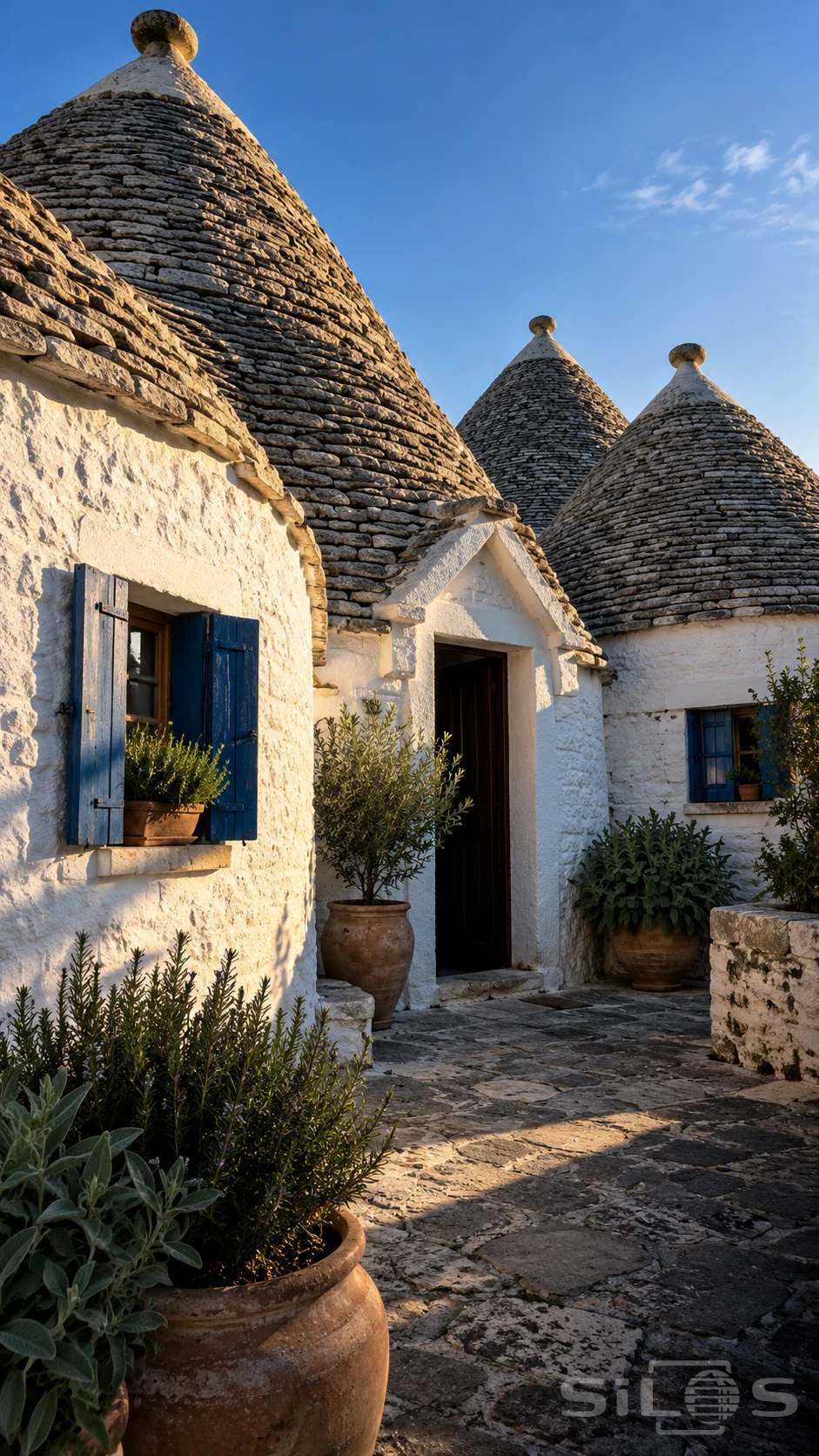 Layered gray stone cones top whitewashed round houses around a paved courtyard with blue shutters and terracotta pots.