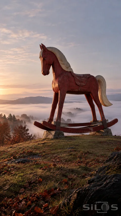 Giant rocking horse with weathered red paint and a cream mane fixed on stone supports above a wooded valley filled with fog.