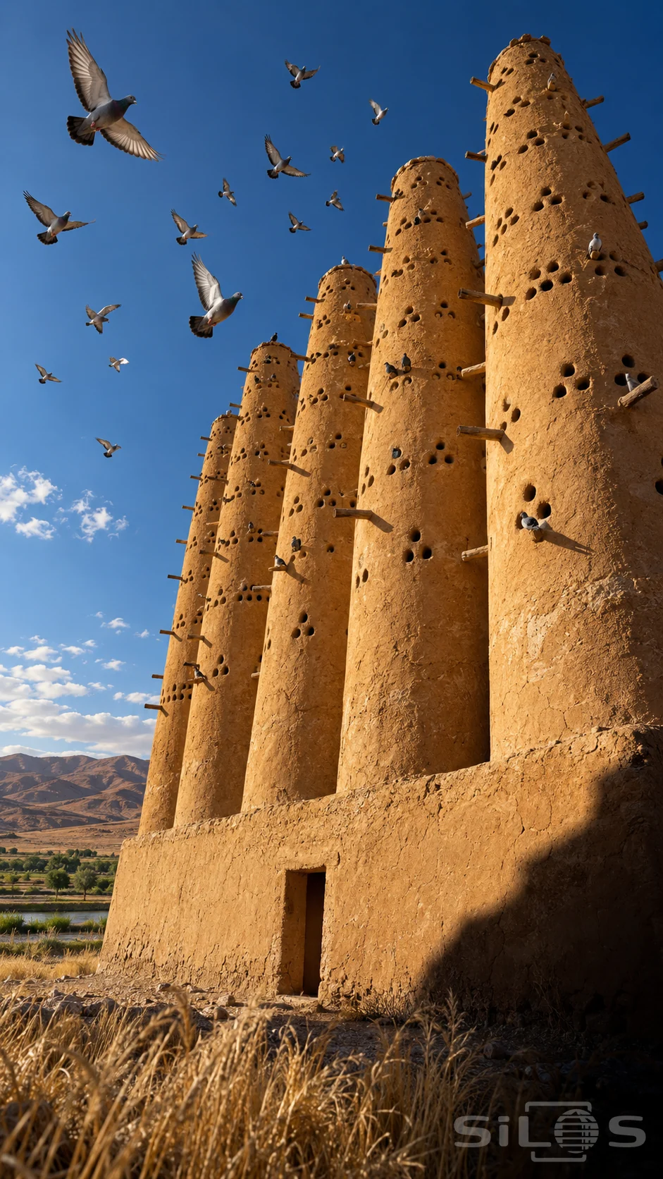 Pigeons fly around tall adobe towers with round nesting holes and projecting wooden perches beneath a blue sky.