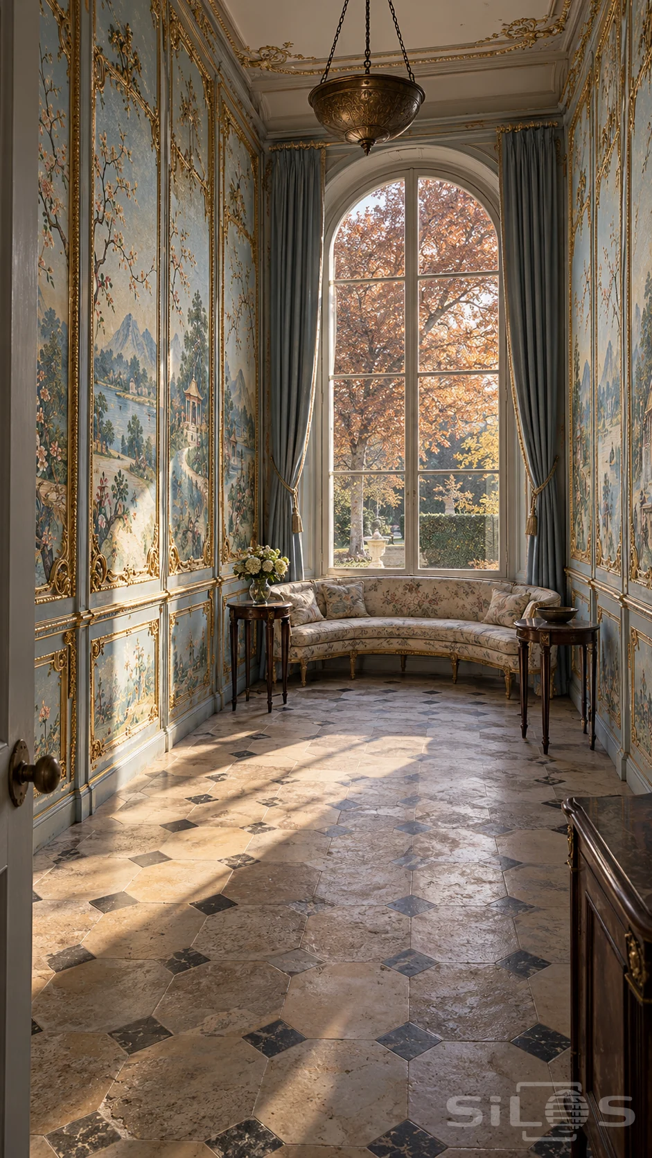 A narrow blue and gold parlour has painted garden panels, a curved floral settee and a tall arched window onto autumn trees.