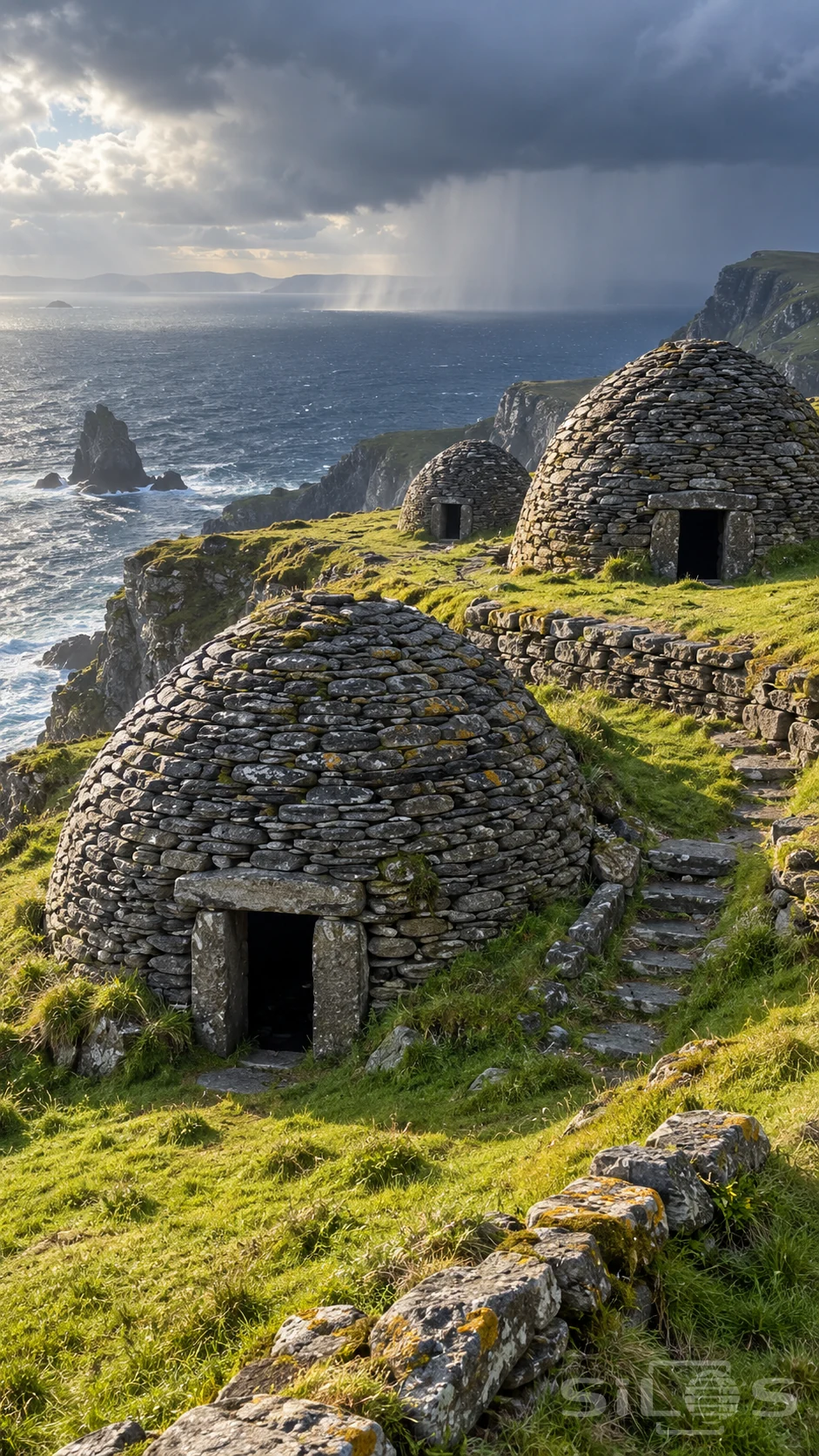 Beehive huts made from layered gray stone stand above an Atlantic headland with green turf and a distant rain curtain.