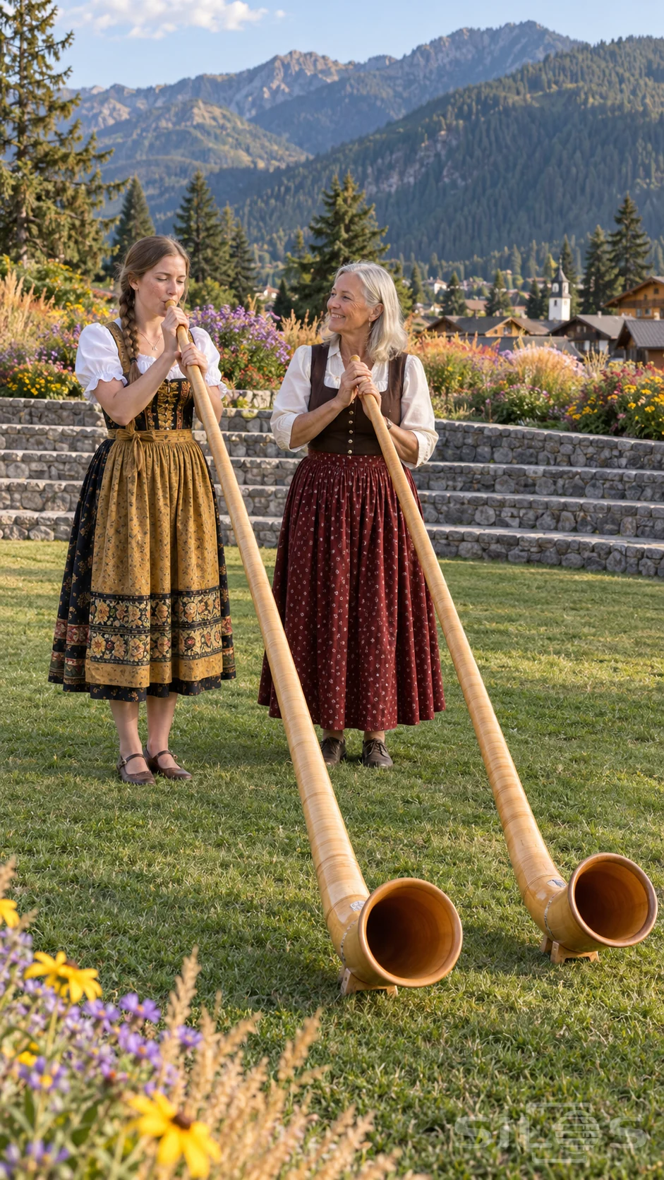 Two women share an alphorn call in a flower meadow with long wooden horns resting beside stone terraces.