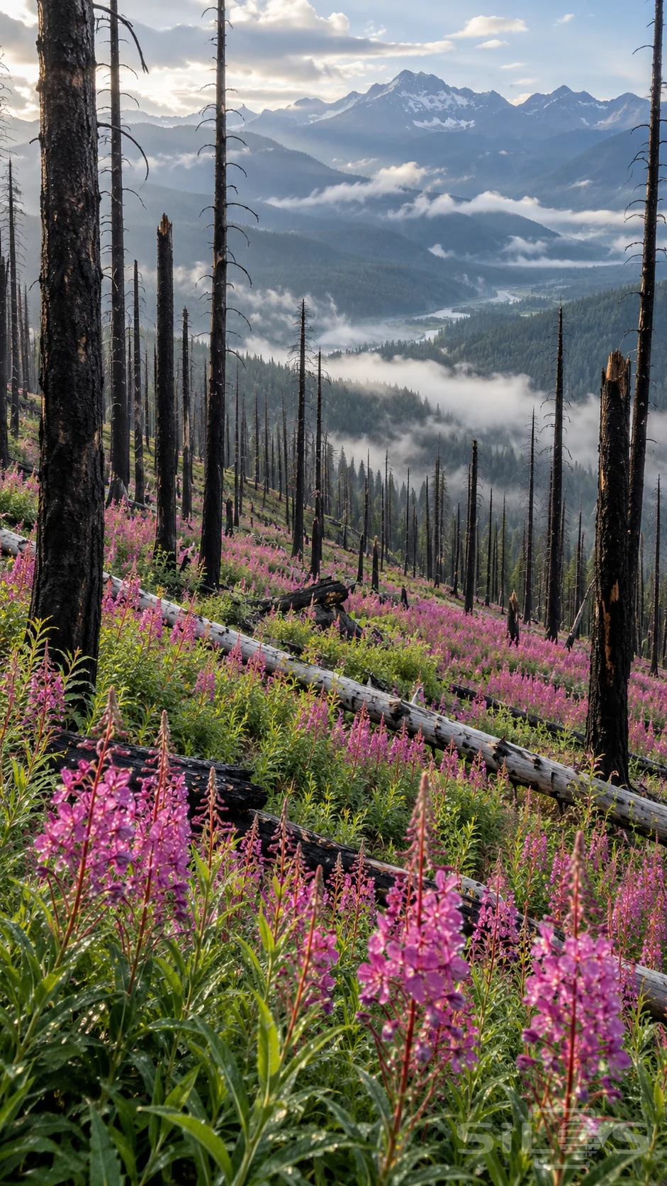 Fireweed forest with pink flowers and charred trunks above a misty mountain valley.