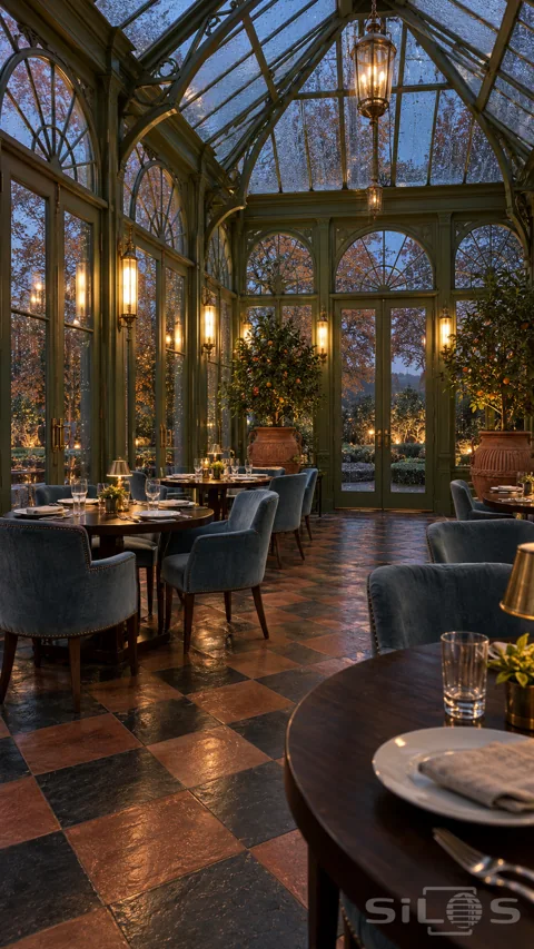 Olive-green glass conservatory with blue velvet dining chairs; brass lamps; citrus trees and a terracotta checkerboard floor at dusk.