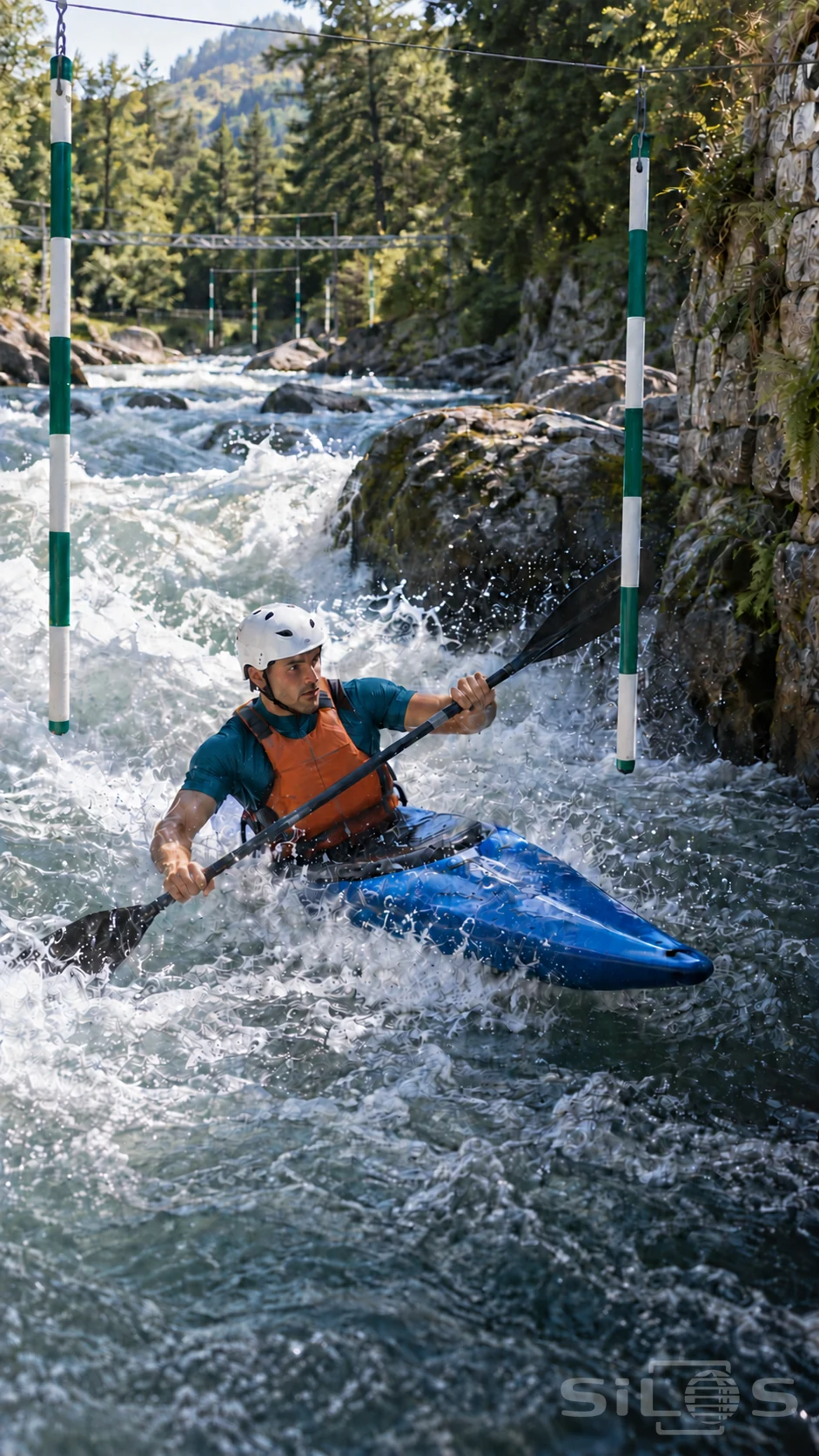 Kayak slalom with an adult paddler in a blue kayak passing a hanging gate amid river spray and a stone-lined channel.