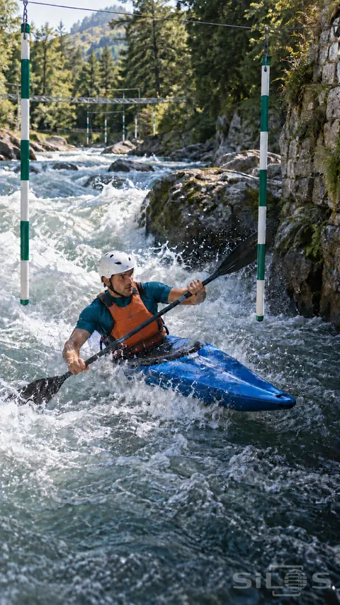 Kayak slalom with an adult paddler in a blue kayak passing a hanging gate amid river spray and a stone-lined channel.