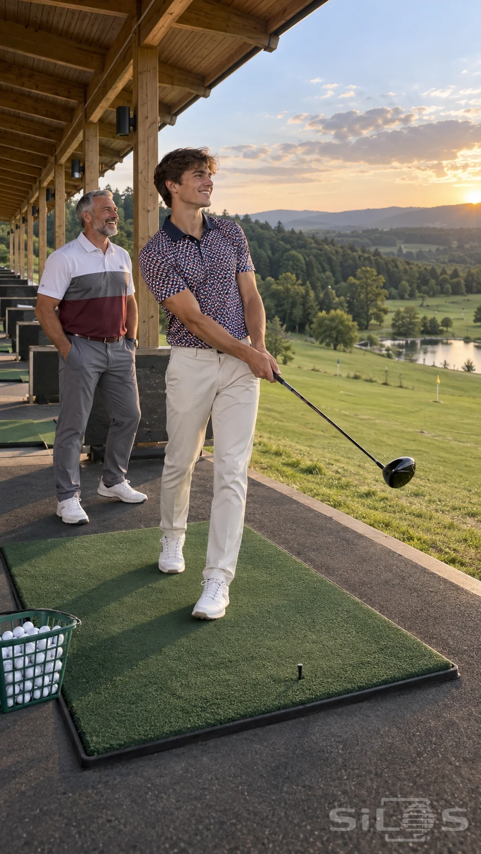 Driving range laughter brings a father and adult son together as the younger golfer holds a lowered club above a green mat.