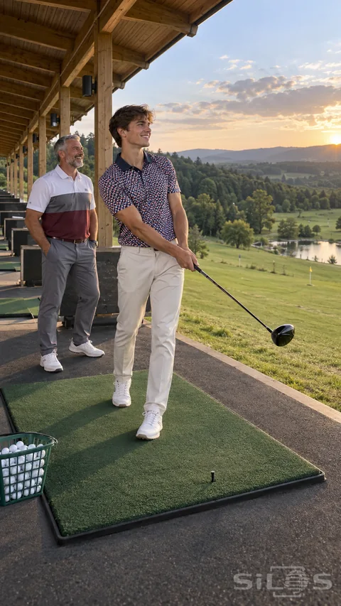 Driving range laughter brings a father and adult son together as the younger golfer holds a lowered club above a green mat.