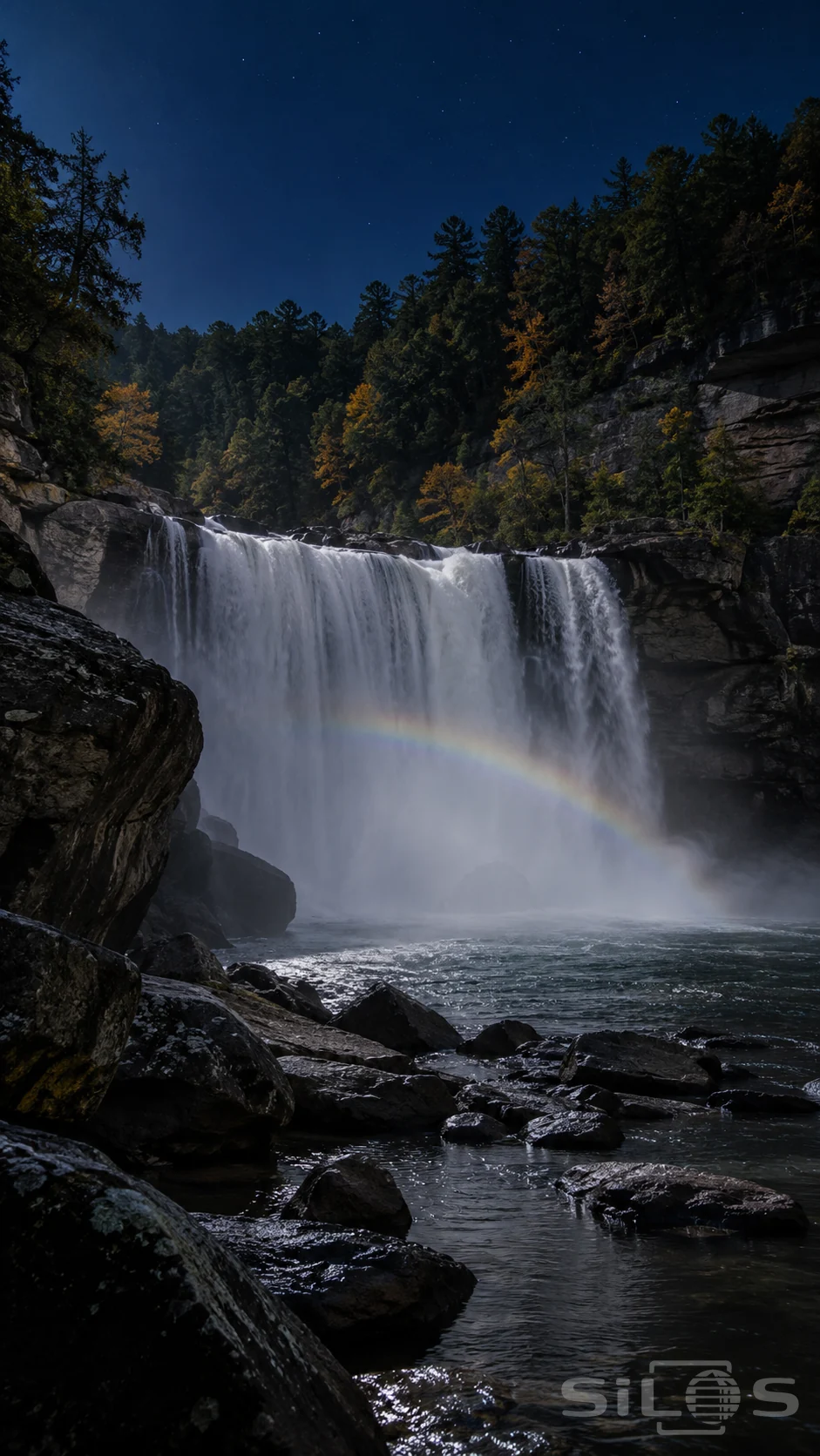 A faint moonbow crosses waterfall spray above a dark pool in a rocky night gorge beneath a starry sky.