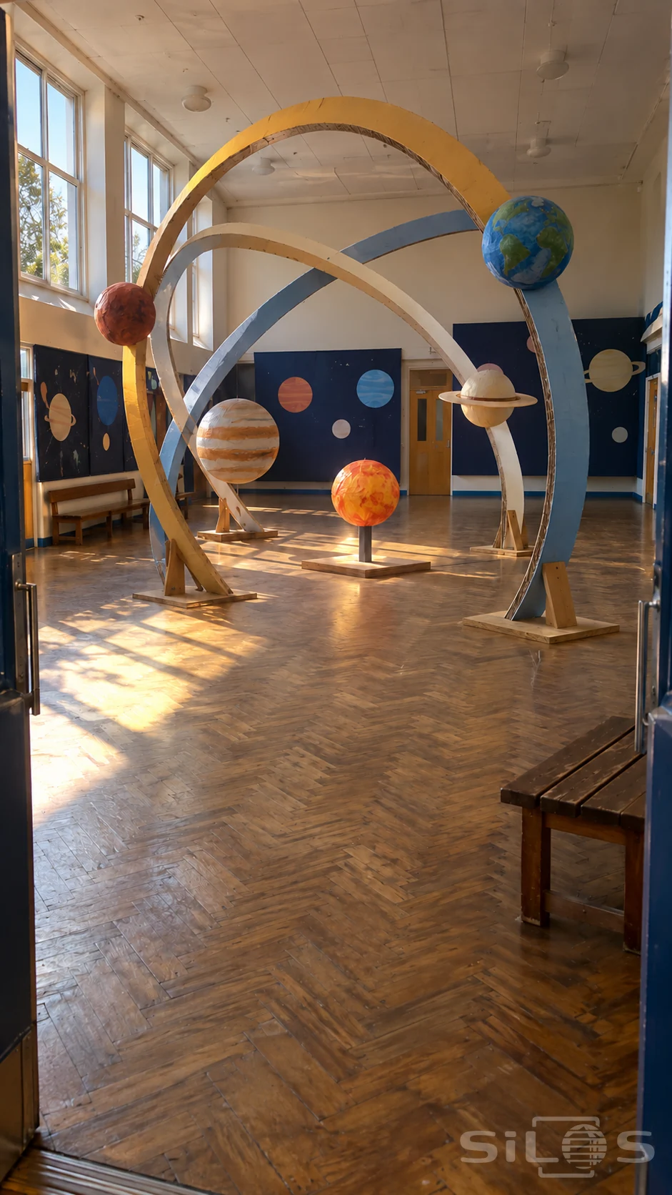 Large cardboard orbital arches carry handmade planets across a sunlit school hall with navy display panels and wooden benches.