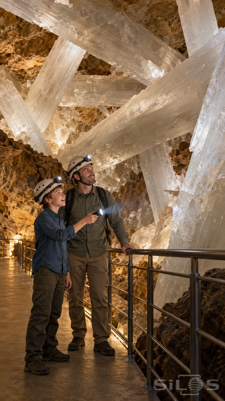 A father and son wearing helmet lamps stand on a railed walkway among enormous white formations in a crystal cavern.