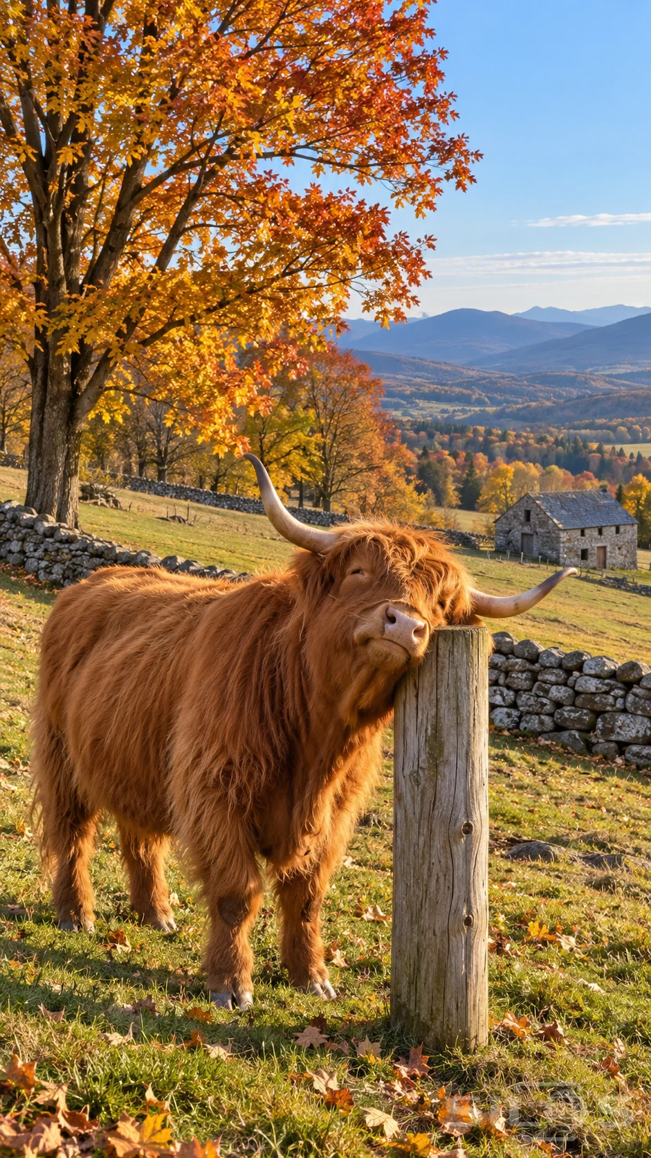 A Highland cow rests its cheek against a wooden scratching post in a golden pasture beneath an autumn maple.