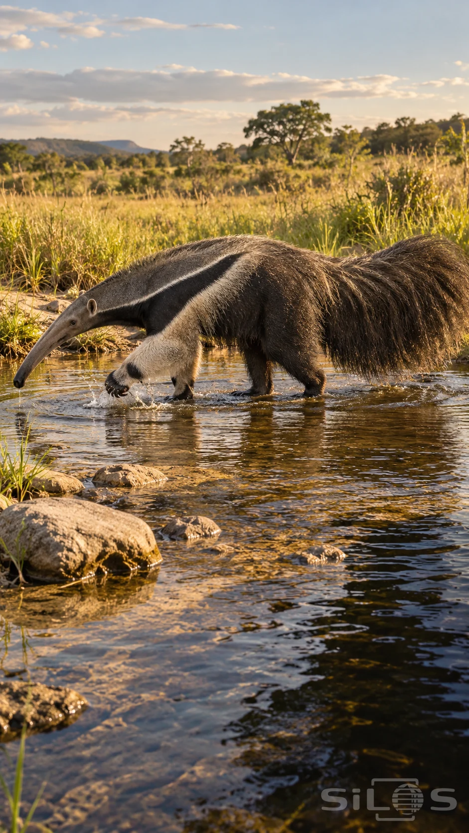 A giant anteater with a narrow snout, pale forelegs and bushy tail steps through a shallow stream beside sunlit grassland.