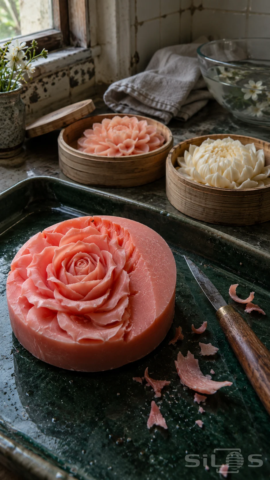 Soap carving with a coral-pink carved rose, soap shavings and a wooden-handled tool on a dark green tray.