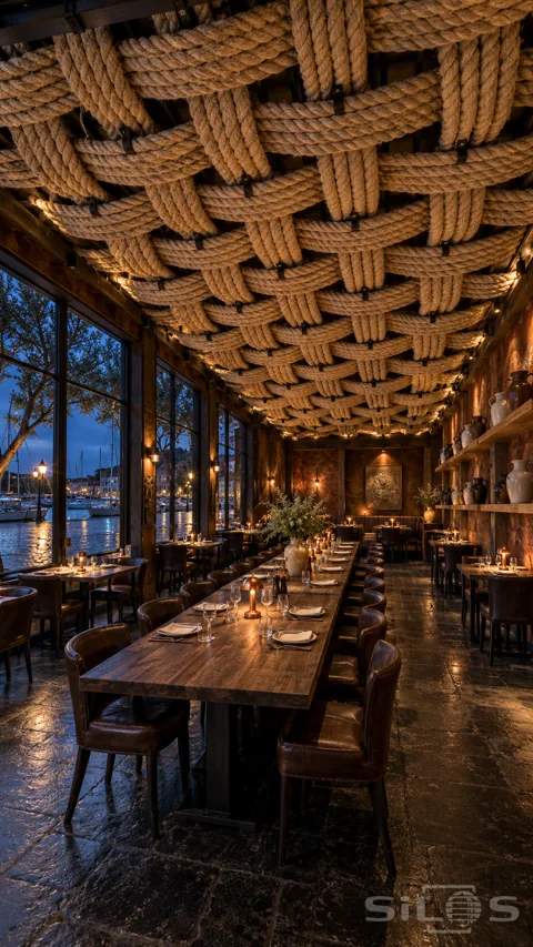 Thick ropes woven across a restaurant ceiling above a long timber table beside harbour windows at blue hour.
